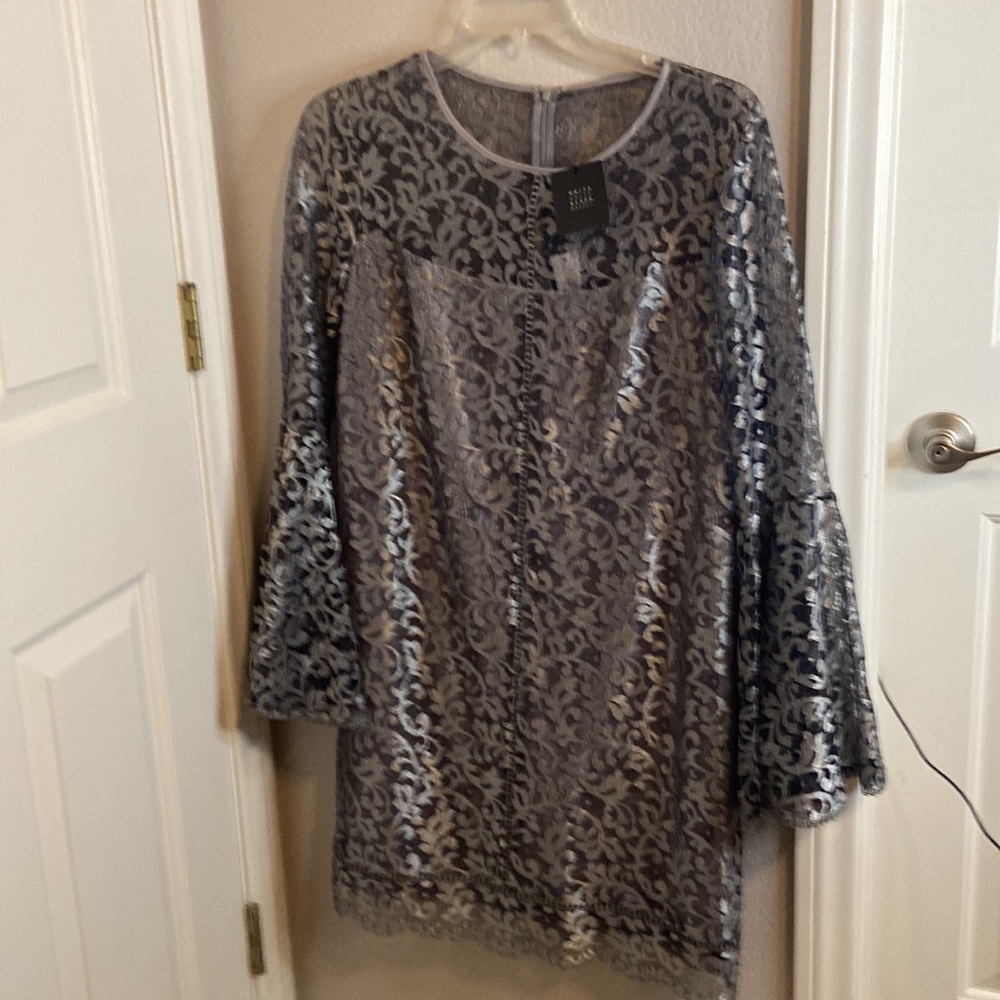 White House Black Market Metallic Gray Lace dress, size 16, satin lined.